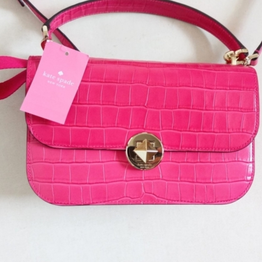NWT Kate Spade pink Audrey leather croco embossed flap crossbody bag - Picture 2 of 7